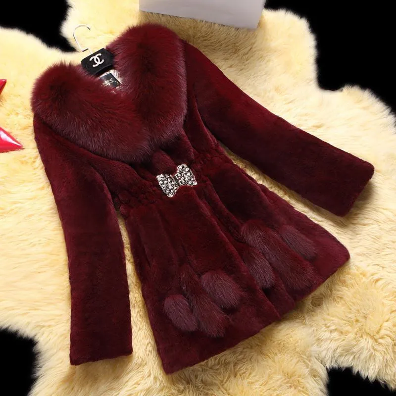 

Fur Coat 2023 Winter New Jacket Female Mid-Length Imitated Fox Fur Collar Overcoat Ladies Imitation Mink Fur Outwear Women Tops