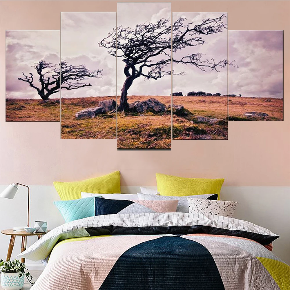 5 Pieces Wall Art Canvas Painting Landscape Poster Dead Tree Modern Living Room For Home Decoration Framework Pictures