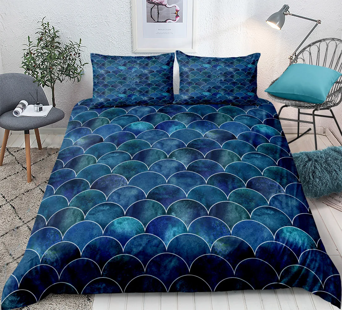 

Mermaid Bedding Set Blue Scales Duvet Cover Set Colorful Fish Scale Quilt Cover Rainbow Scales Sparkles Bed Set Home Textiles