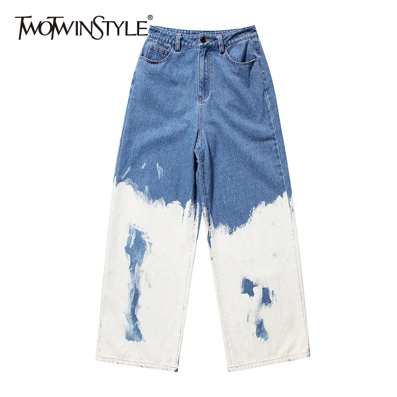 TWOTWINSTYLE Casual Loose Painted Women Full Length Jeans High Waist Hit Color Asymmetrical Denim Wide Leg Pants For Female New