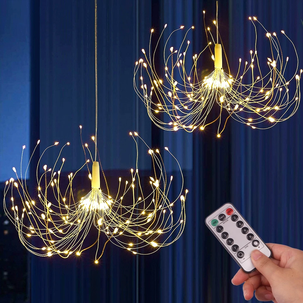 150/200 LED String Fairy Lights Hanging Starburst Lamp DIY Firework Christmas Garland Festival Decoration Remote Twinkle Lights