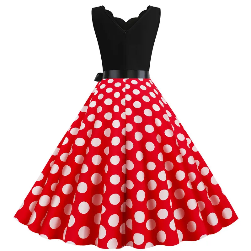 Polka Dot Print Women Summer Dress Black Patchwork Sleeveless V Neck Elegant Vintage Party Casual Midi Dress
