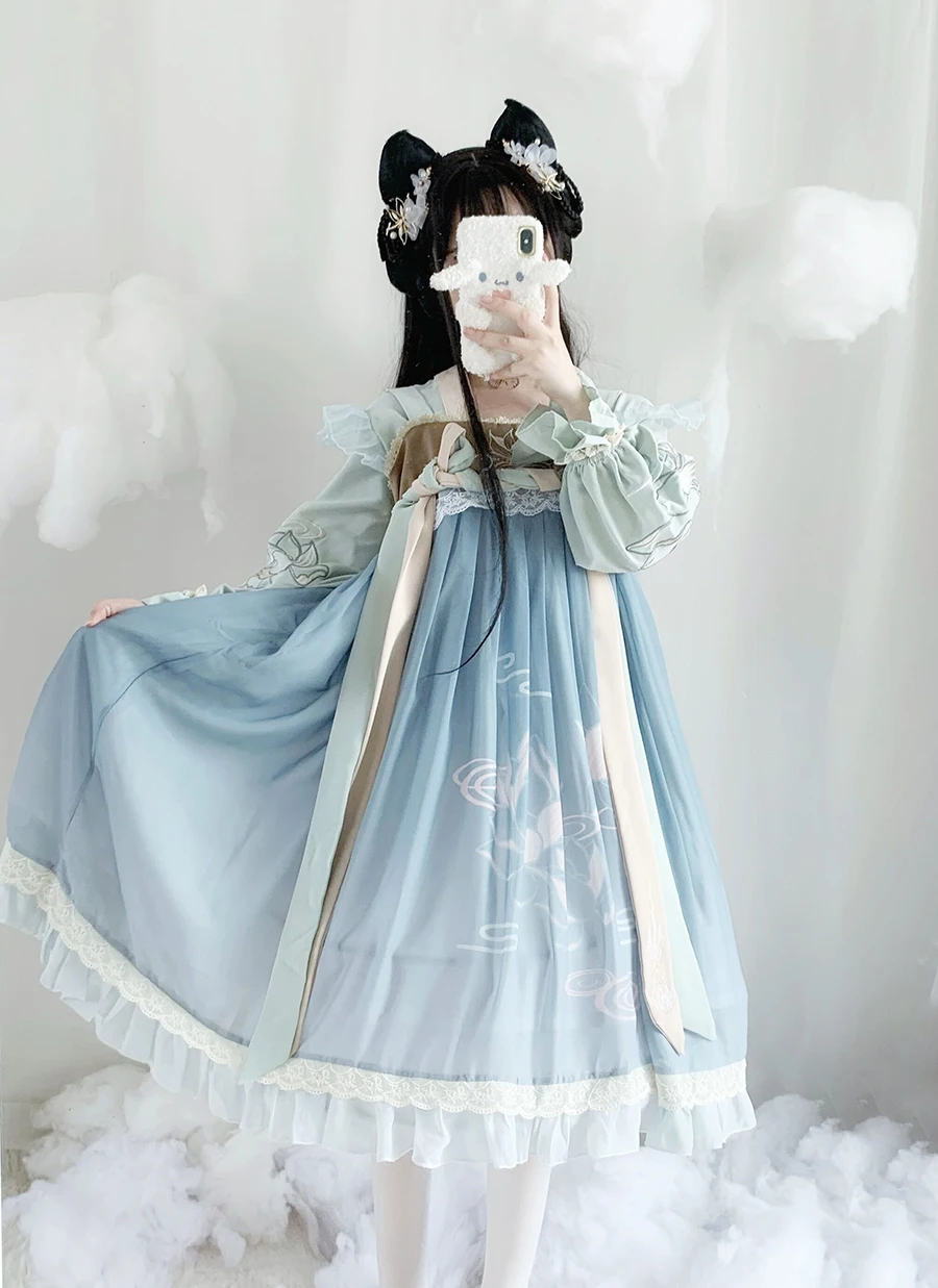 Oryginalny chiński styl Qinghe dwuczęściowy zestaw Han elementy haftowane codzienny garnitur Dresskawaii odzież wróżka kei sukienka lolita