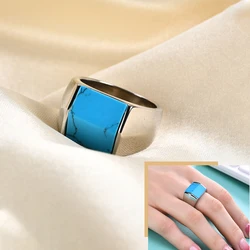 High Quality Turquoise Signet Ring For Men Stainless Steel Square Blue Stone Ring Vintage Turquoise Jewelry Gift Accessories