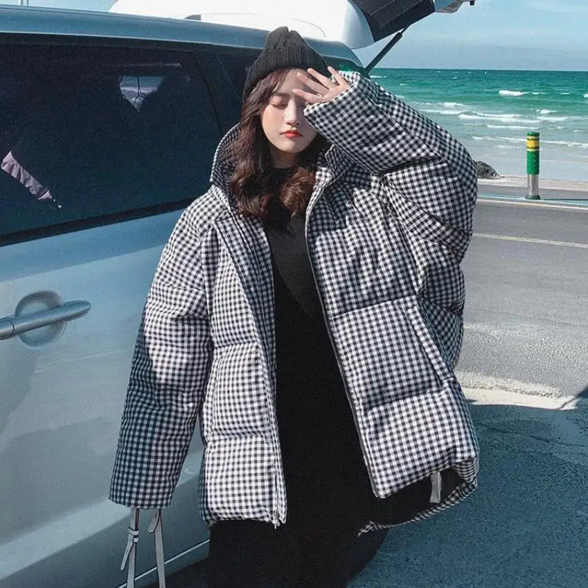 Winter plaid bread style bat sleeved cotton coat female loose oversized thicker warm jacket fluffy cotton jacket F325