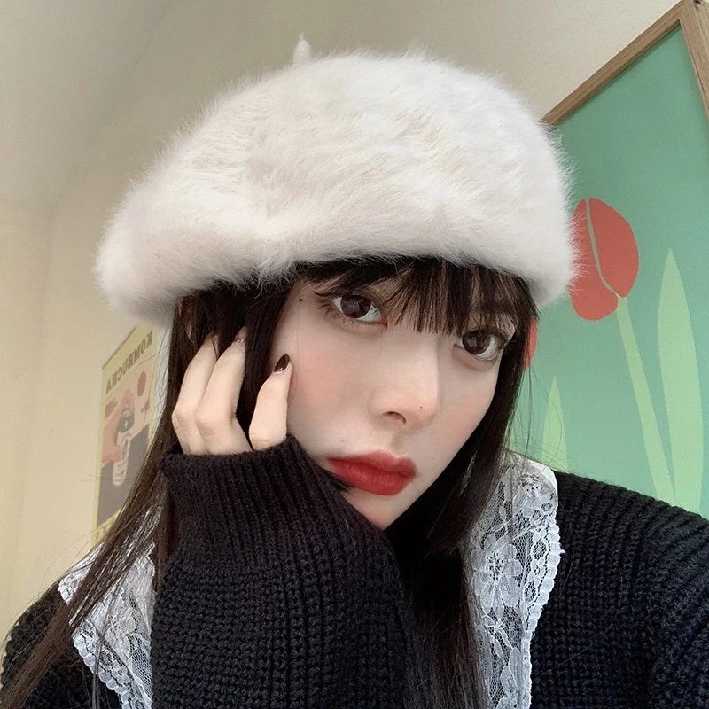 Winter Rabbit Fur Beret Hats Women French Painter Hat Girls Solid Color Soft Berets Lady Fashion Flat Wool Berets Wholesale