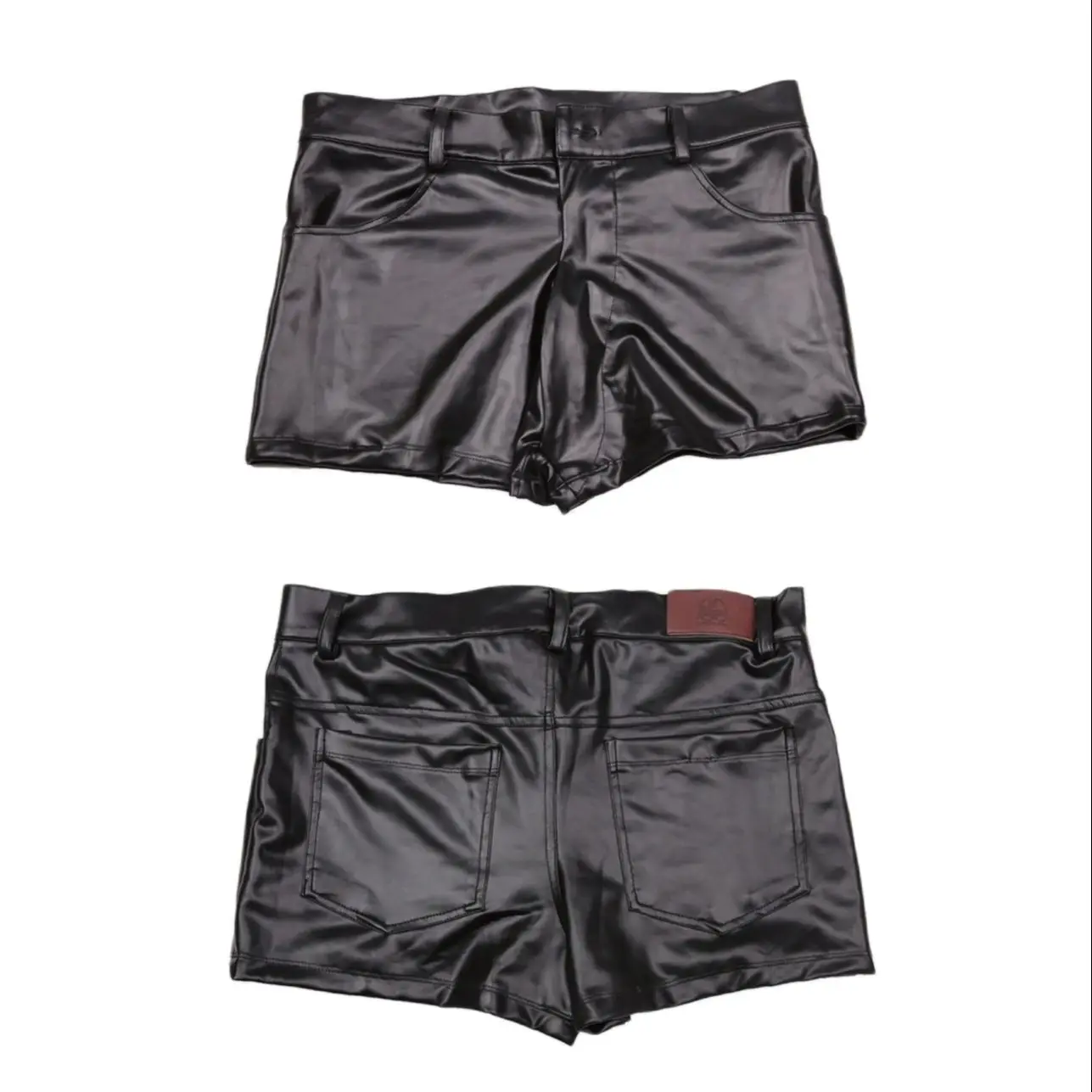 Plus Size Casual Sexy Men U Convex Pouch Boxer PU Oil Black Boxers Shorts Zipper Open Faux Leather Underwear Cool Male Sports