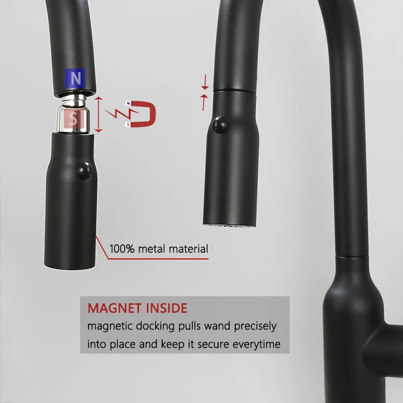 Magnetic Secure Dual Function Kitchen Faucet Pull Out Tap Head 100% Metal Kitchen Sink Water Mixer Faucet Black & Chrome Color