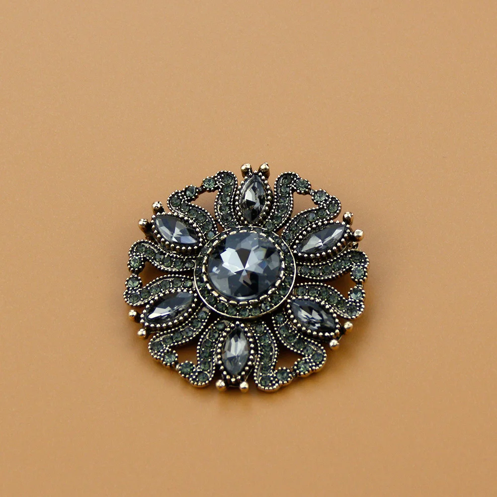 Sunspicems Vintage Gray Crystal Round Bohemia Brooch For Women Turkish Indian Brooches Pin Hijab Lapel Jewelry Retro Gold Color