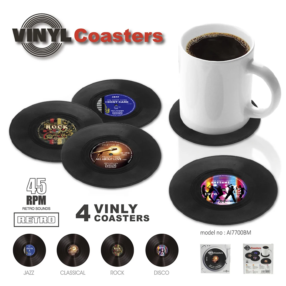 1/4/6 Pcs Retro Coasters Set Vinyl Record Round Disk Coaster Non Slip Record Coffee Cup Mat PVC Drinks Home Decor Coaster