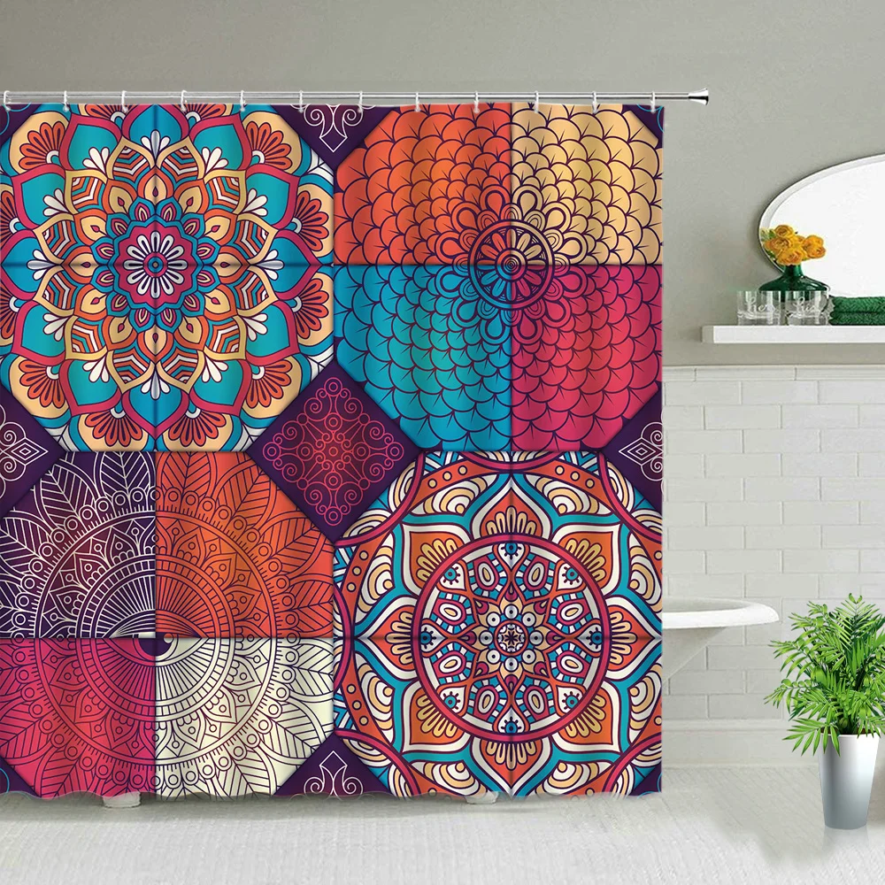 Bohemia Shower Curtain Set India Mandala Flower Geometric Printed Bath Curtains Waterproof Fabric Wall Screen Bathroom Decor