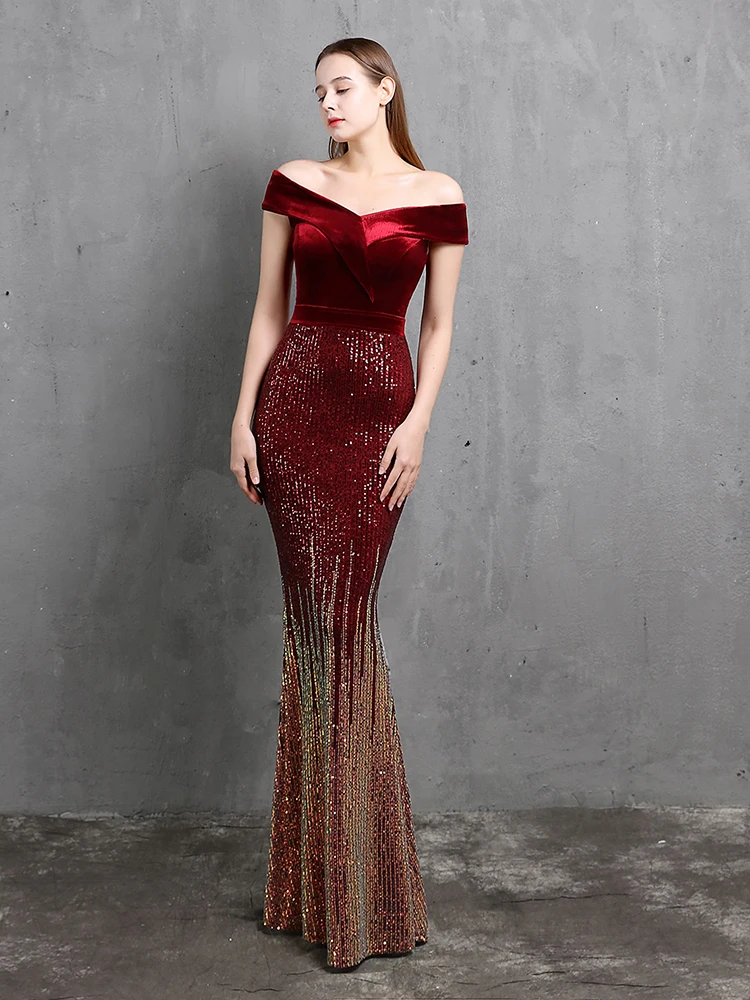 

Burgundy Slash Neck Full Evening Dress Elegant Velour Patchwork Sequins Slim Party Dress Mermaid Formal Gowns Women Dress Long