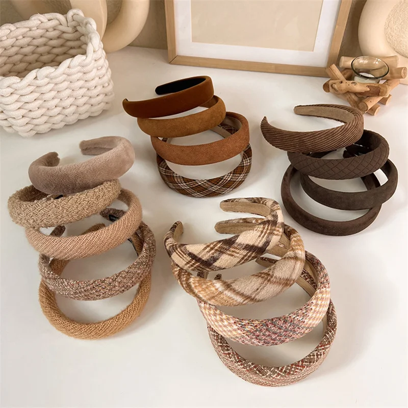 Winter Fashion Coffee Color Lattice Sponge Headband for Womens Girl Plush Wide Side Hairband Velvet Hair Hoop  Hair Accessories