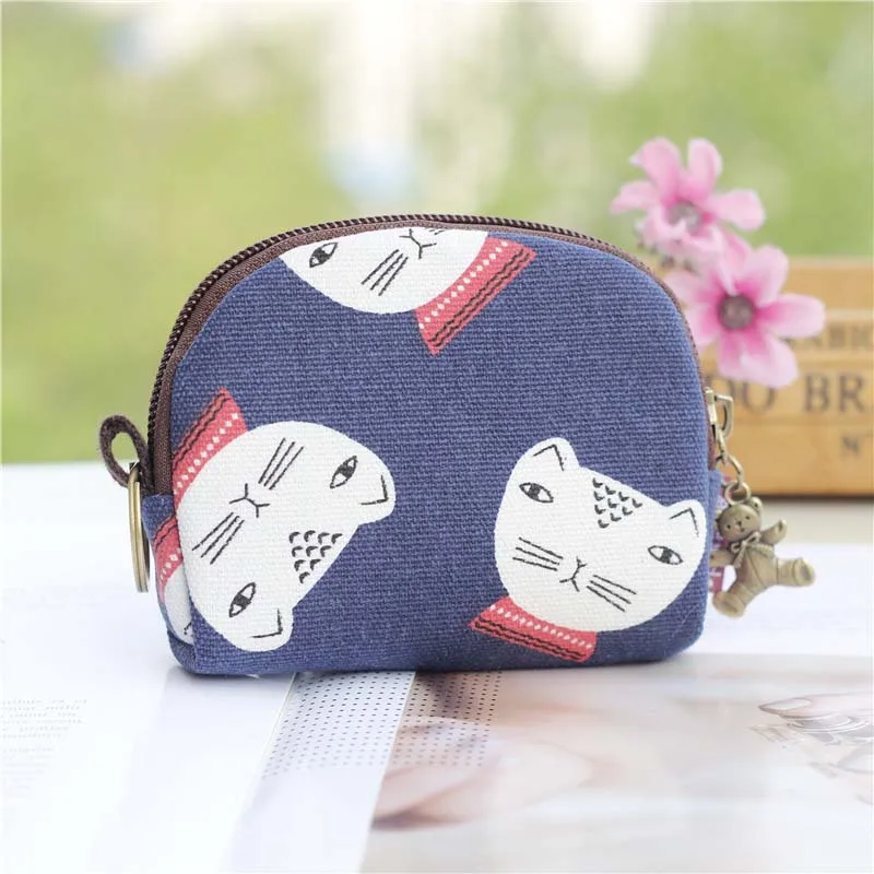 Retro Cat Small Canvas Mini Bag Women Coin Purses Kawaii Short Wallet Girls Purse Card Bags Womens Hand Purses for Ladies Kids