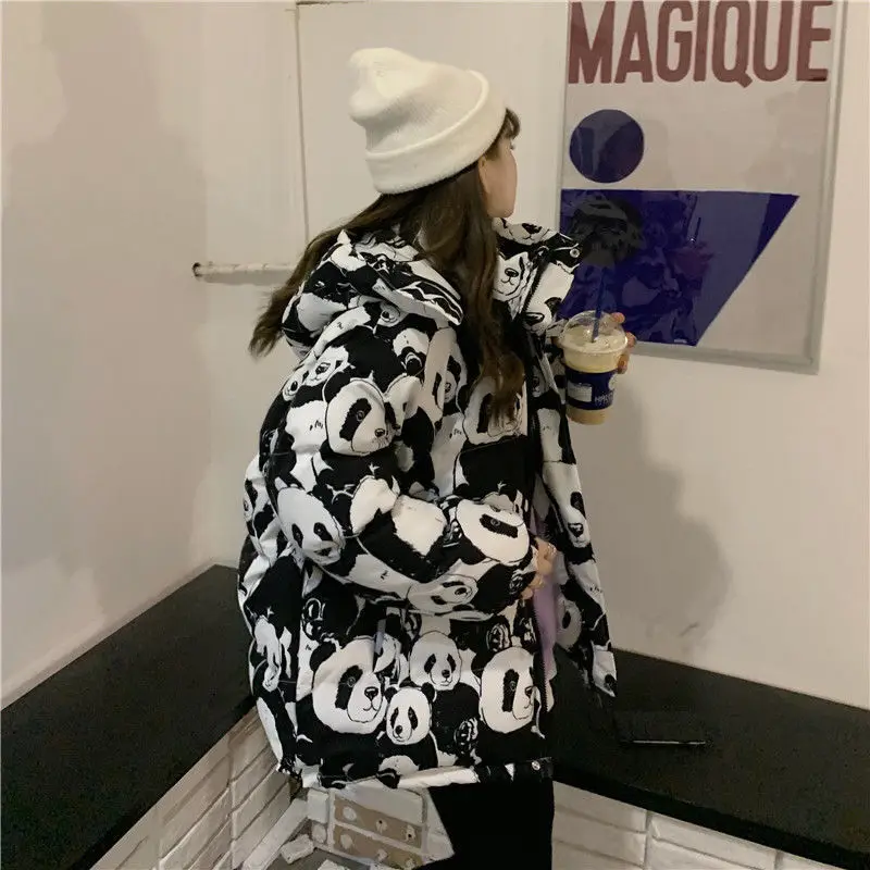 

2021 Winter New Small Design Down Cotton Jacket Medium-length Loose Panda Print Cotton-padded Clothes Woman