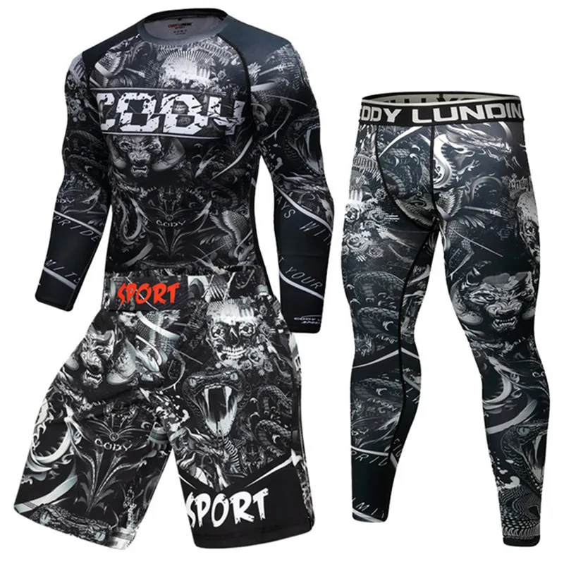 Men Sport kickboxing Set Compression T-Shirt+Pants Skin-Tight Long Sleeves Fitness Rashguard MMA Training Clothes Jerseys set