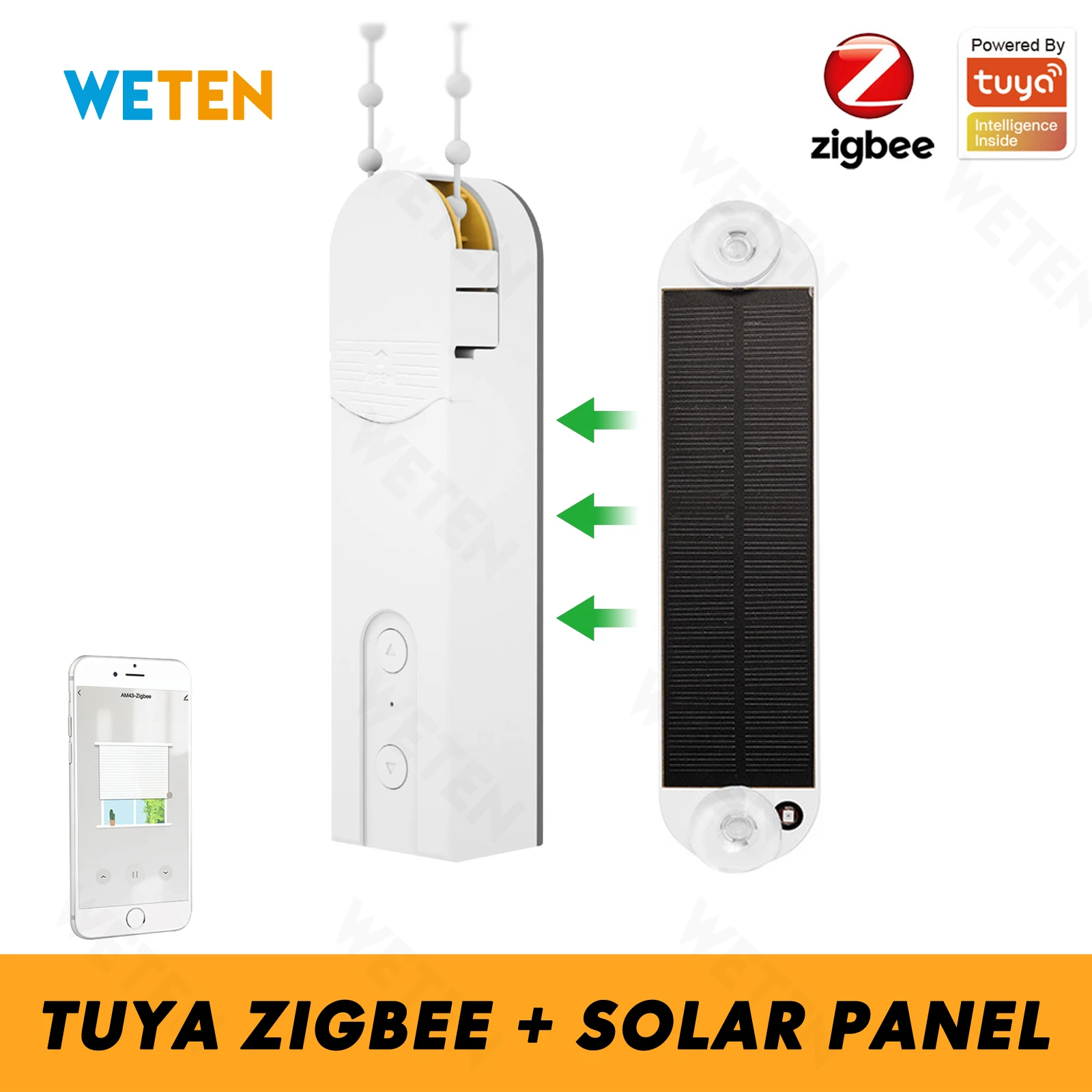 Tuya Zigbee Smart Motorized Chain Roller Blinds Shades Curtain Motor Lithium Battery with Solar Panel, Support Google Home Alexa