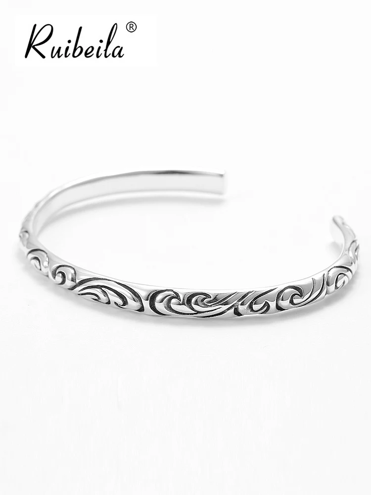 Ruibeila Tang motif d'herbe rétro simple bracelet ouvert hommes et femmes bracelet de personnalité en argent 925 bracelet