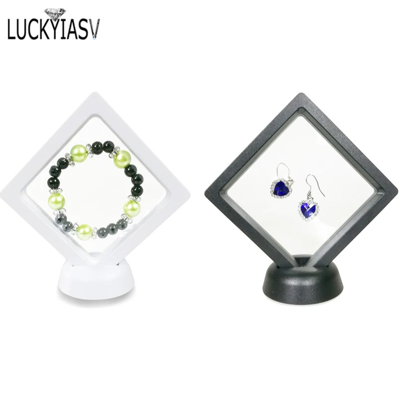 PET Membrane Floating Clear Arylic Jewelry Ring Pendant Display Stand Holder Bague Packaging Box Protect Case No Base