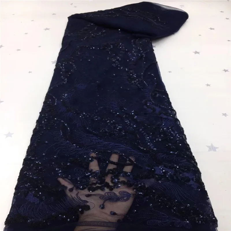 Navy Blue Nigerian Sequin Lace Fabrics 2021 High Quality Tulle Mesh Lace Embroidered Lace Fabric With Sequins 5Yard Y98-11