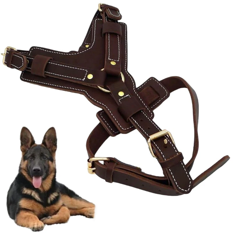 Brown Real Leather Large Dog Harness Vest Walking Training big Dog Harnesses Strap for German Shepherd Labrador Husky Dogs