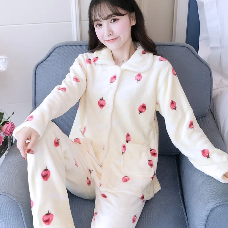 

H5764 Autumn Winter Pajamas Lady Plus Velvet Long Sleeves Sleepwear Suit Women Thickened Warm Coral Fleece Lovely Soft Home Wear