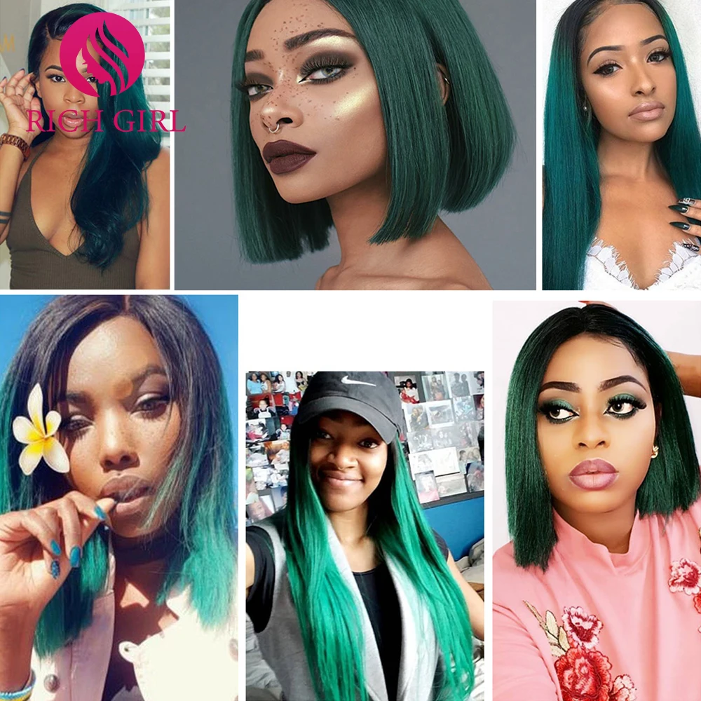 Richgirl Hair Products Brazilian Straight 3 Hair Bundles 1B/Green Two Tone Ombre 100% Remy Human Hair Weave Bundles Extensions