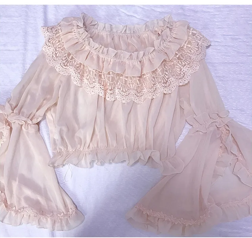Fresh mori sweet lolita top kawaii girl peter pan collar white/black lace victorian shirt loose chiffon lolita shirt loli cos