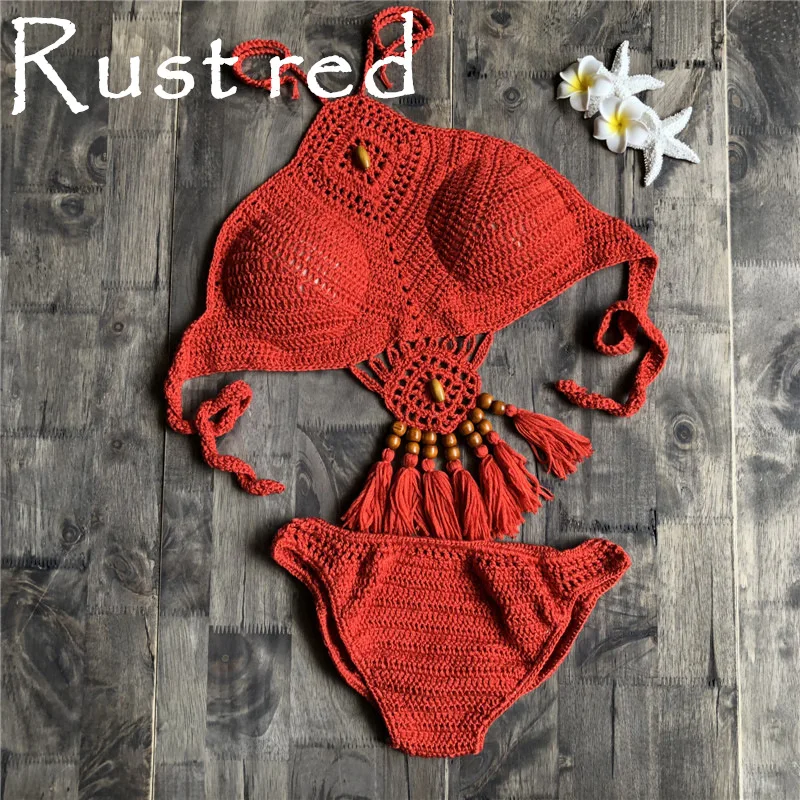 New Summer Crochet Women Solid Bikini Set Sexy Halter Tie Bra Swimsuit Swimwear Triangle Bather Suit Swimming Suit Biquini