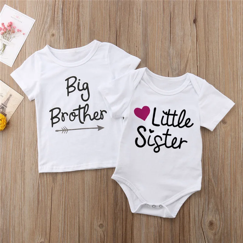 Family Matching Kids Baby Little Sister Short Sleeve Letters Rompers Bodysuit Big Brother Casual T-shirt Tops Kids Boys Clothing