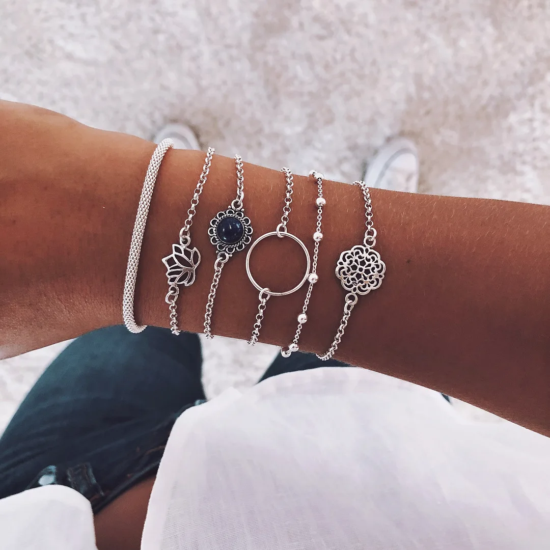 Fashion Geometric Stone Charm Bracelet Set For Women Retro Silver Color Moon Wrist Chain Open Bangle Lady Trendy Boho Jewelry