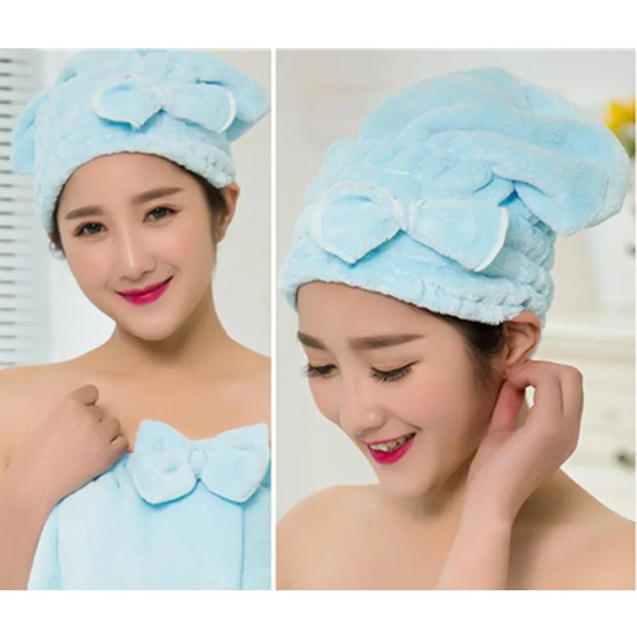 1pc Multi Colors  Coral Fleece Women Girl Bath and Shower Dry Hair Care Protect Protection Cap with Bow Free Shipping