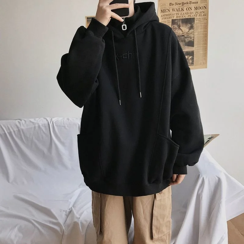 Fake two-piece sweatshirt high-necked men plus cashmere trend handsome loose hooded embroidery coat thick spring autumn hoodies