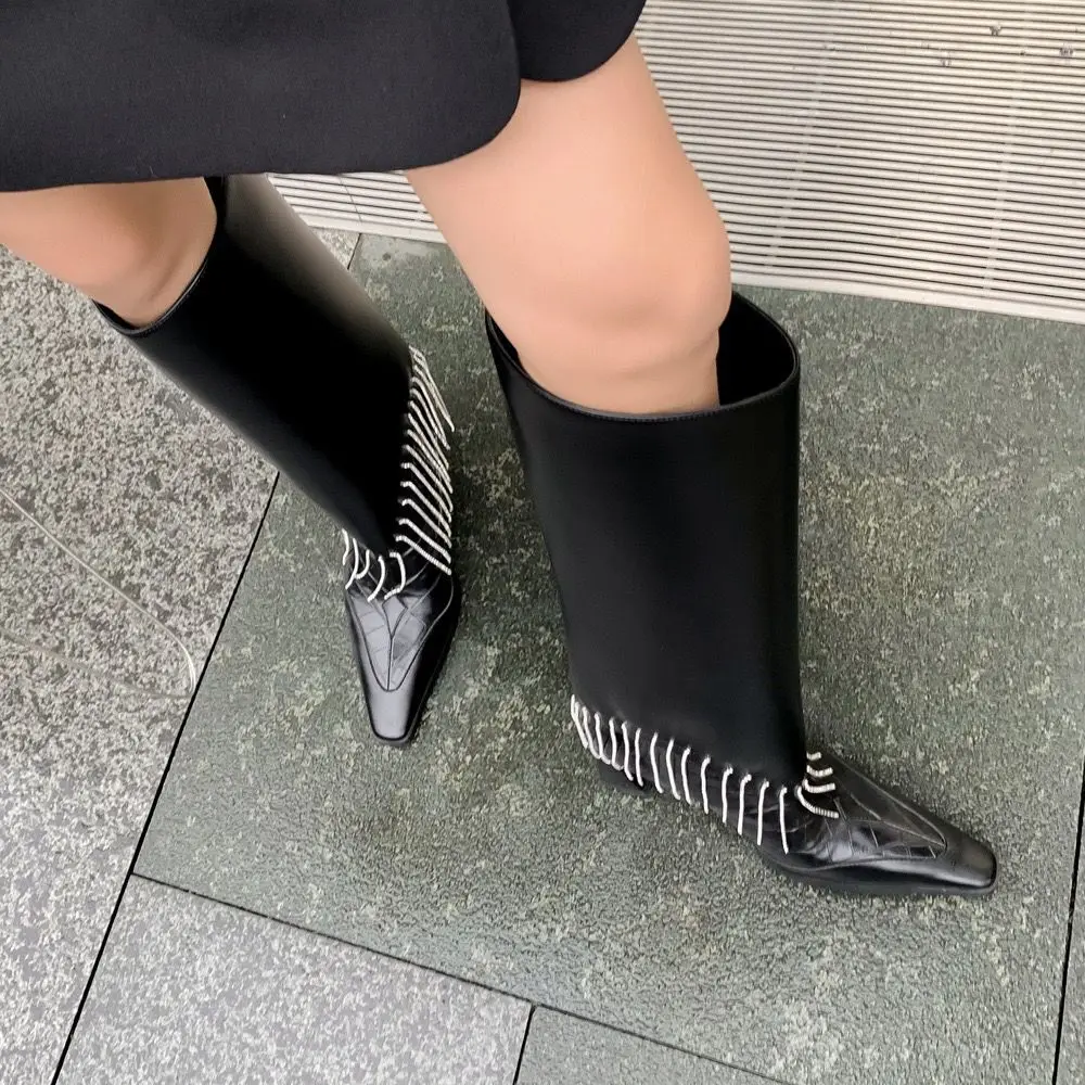 

2022 New Brand Strange High Heels Black Sexy ladies Knee High Boots For Women Fringed Tassel Straight Tube Long Party Boots