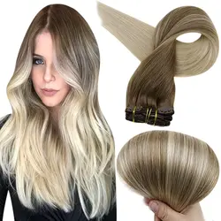 Clip de brillo completo en extensiones de cabello humano Balayage Rubio degradado horquillas negras 7 Uds 120g doble trama 100% máquina Remy para mujer