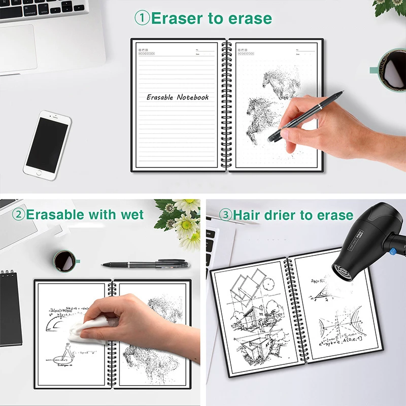 A4/A6 Size Smart Reusable Erasable Notebook Microwave Wave Cloud Erase Notepad Note Pad Lined With Pen Save Paper