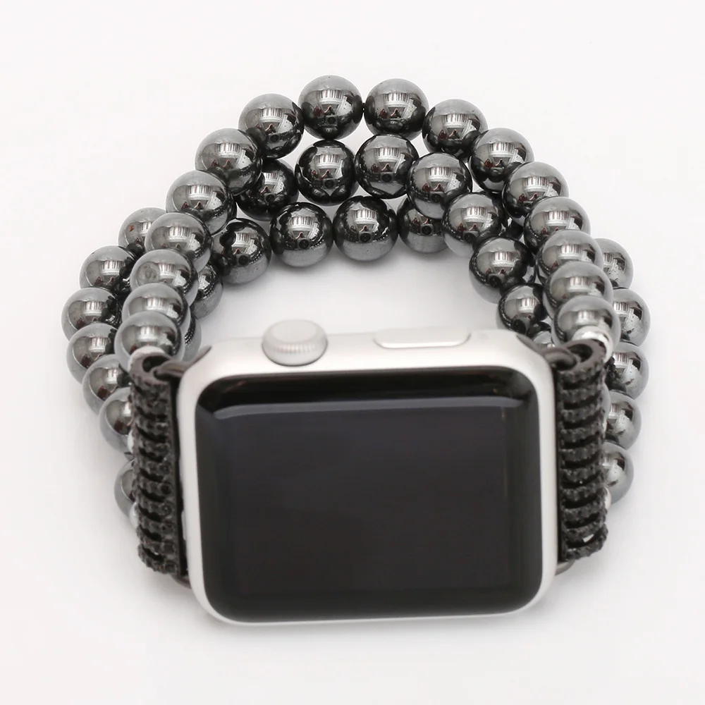 Hematite Beads Watch Strap for Apple Watch Band 42mm 44mm 45mm 38mm 40mm 41mm Men Bracelet for iWatch Bands 7 6 5 4 SE 3 2 1