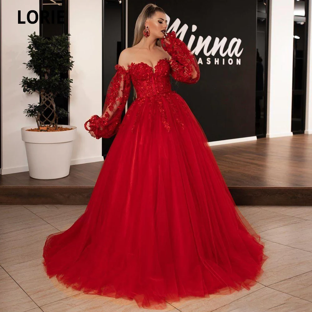 LORIE Red Evening Dresses Formal Long Sleeve Off the Shoulder Lace Appliques Prom Gowns Plus Size Back Lacing Princess Dress