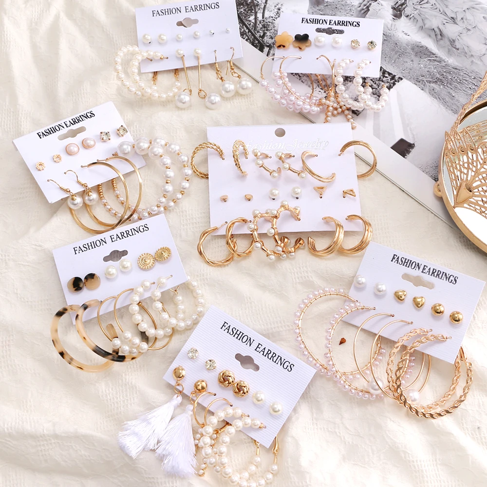 FNIO 2021 Fashion Gold Color Hoop Earrings Set Women Geometirc Pearl Earrings Metal Circle Punk Earring Female Fashion Jewelry