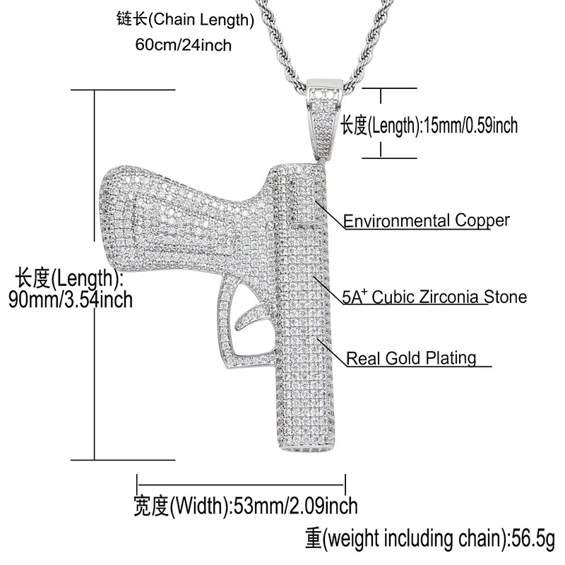 Hip Hop Claw Setting AAA CZ Stone Bling Ice Out CS GO CSGO Big Automatic Pistol Gun Pendants Necklace for Men Rapper Jewelry