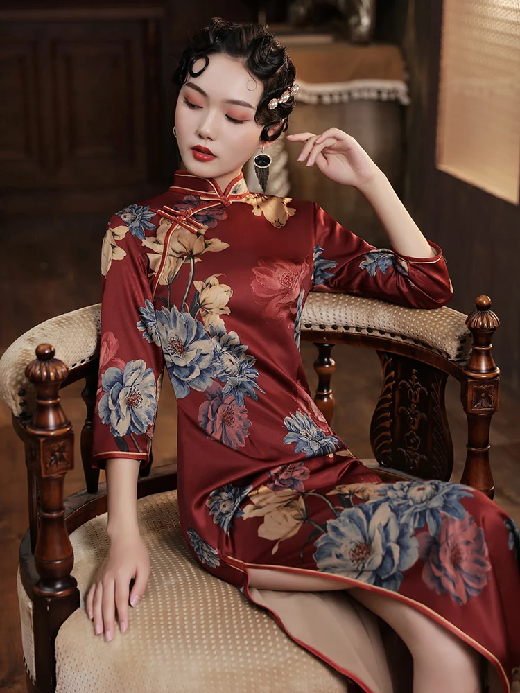 

Oriental Dress Red Printing Cheongsam Plus Large Size MiddleSleeve Qipao Cheongsams Traditional Qipao Dresses Chinese Dress