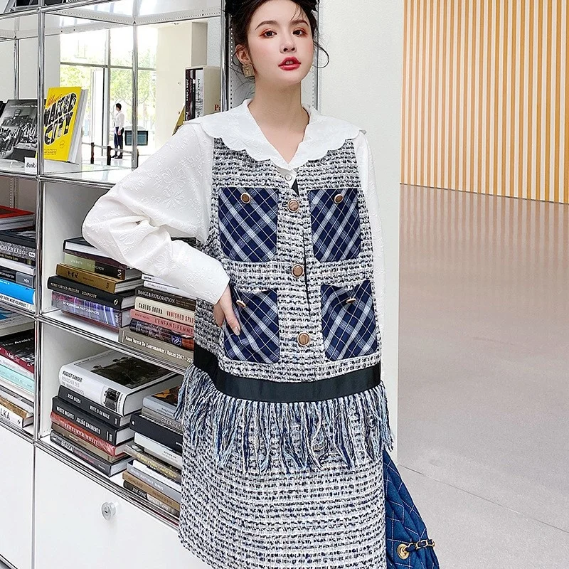 Fashion 2022 Tweed Dress Women V Neck Sleeveless Single Breasted Plaid Dress Pocket Patchwork Design Loose Tassel A Line Dresses