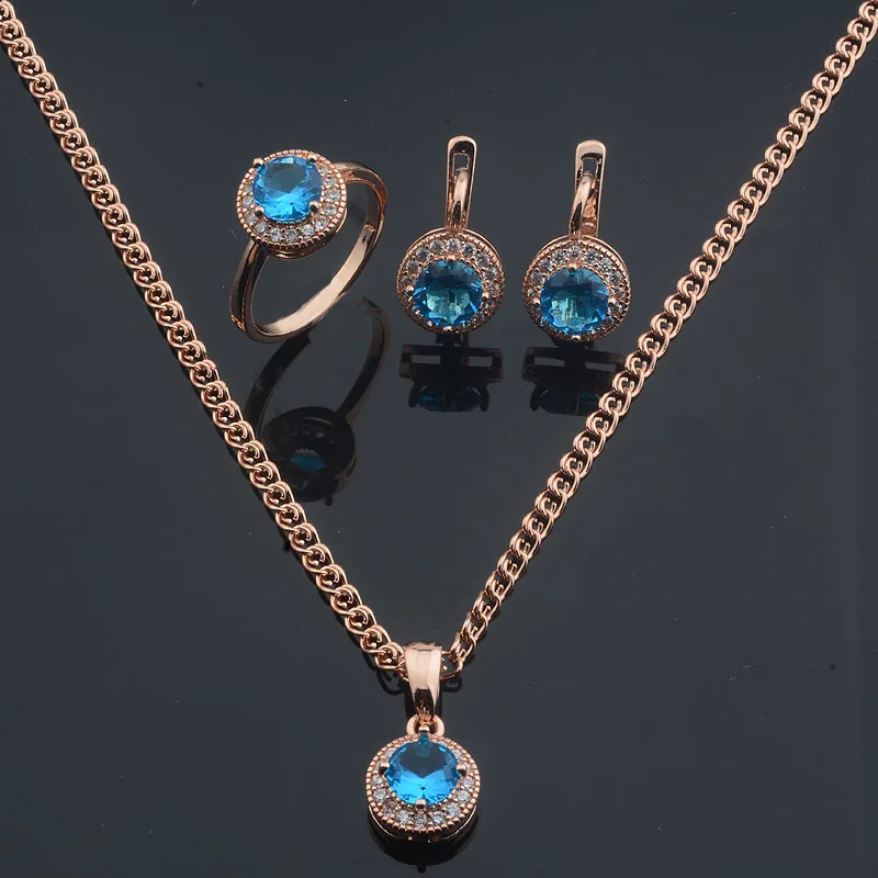 FJ Green/Blue/Pink Stone Women 585 Gold Rose Color Round Cubic Zircon Pendant Earrings Rings+Optional Necklace Chain