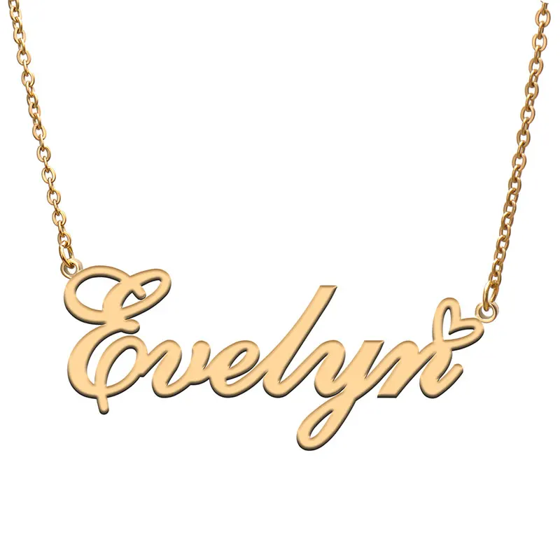 Evelyn with Love Heart Name Necklace for Women Stainless Steel Jewelry Nameplate Pendant Femme Mother Child Girls Gift