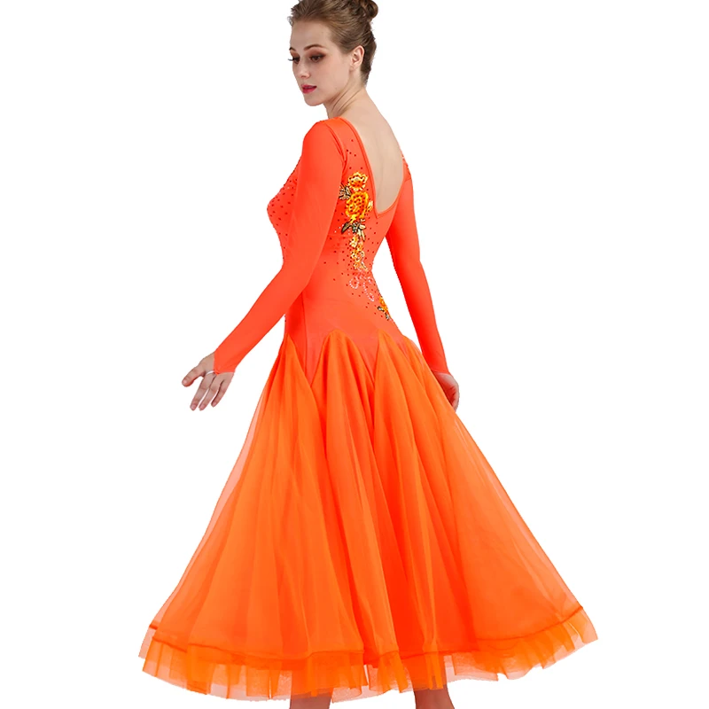 Ballroom Competition Dance Dresses Women New Long Sleeve Elegant Flamenco Dancing Costume Orange Standard Ballroom Dress