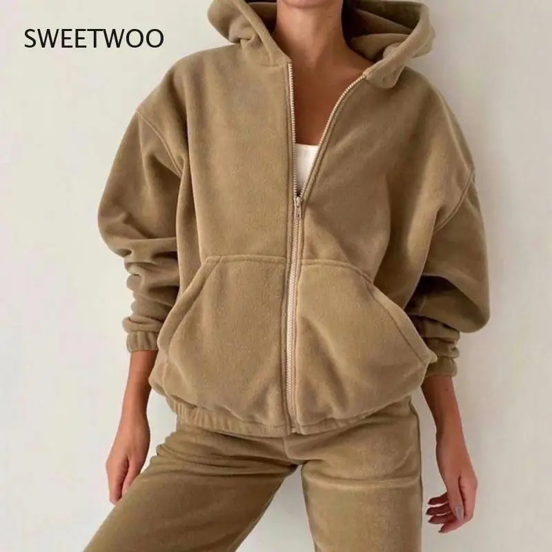 

Tracksuit 2 Piece Set Autumn Winter Flannel Zipper Jacket + Long Pants Sports Suit Female Sweatshirt Sportswear Suit For Woman