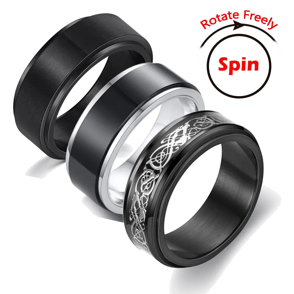 Anxiety Fidget Spinner Rings for Men Male Black Stainless Steel Spinning Rotate Ring for Women Anti Stress Accessories Jewelry