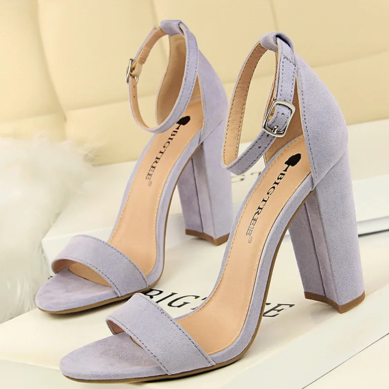 Summer Women Sandals Pumps Ankle Strap Square High Heels Sandalias Mujer Flock Open Toe Sexy Shoes Woman Plus Size 34-43 WSH4121