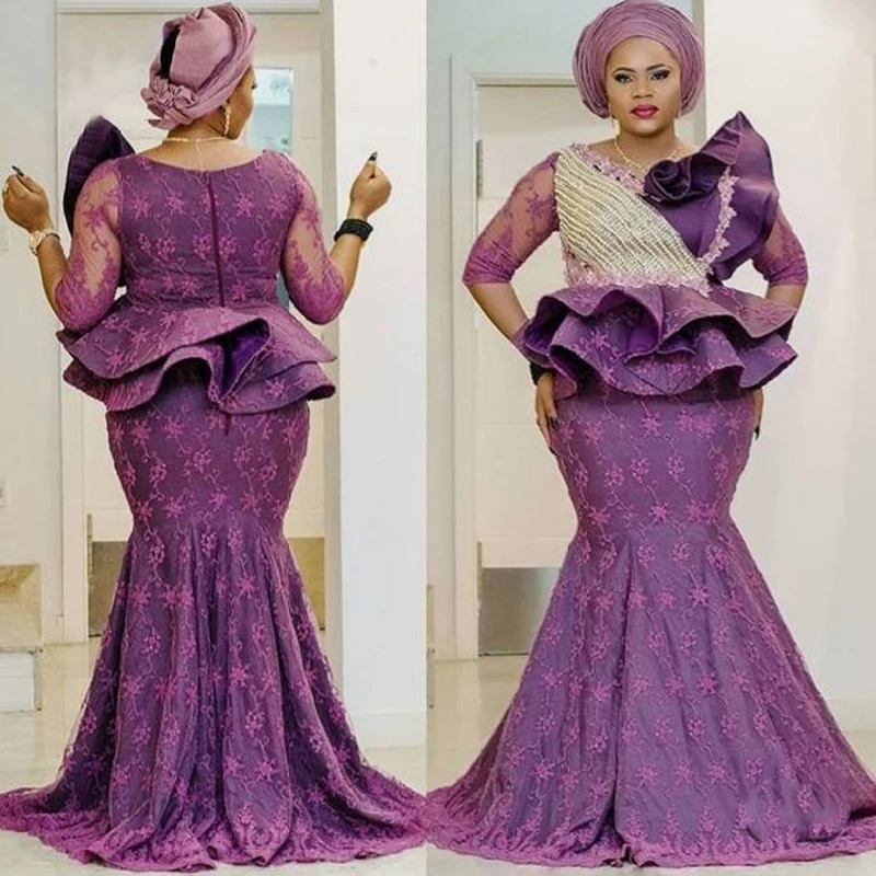 Plus Size Nigeria Aso Ebi Style Evening Dresses Purple Lace Ruffled Mermaid Prom Dress African Women Party Night Gowns Custom