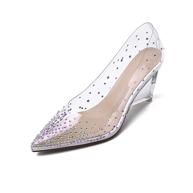 Kcenid 2023 New Fashion Rhinestone PVC Transparent Pumps Wedge Shoes For Women Pointed Toe Crystal High Heel Party Wedding Shoes